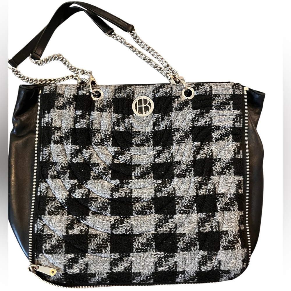 🆕 Henri Bendel No. 7 Quilt Zip Tote Black and Gray Houndstooth Shoulder Bag